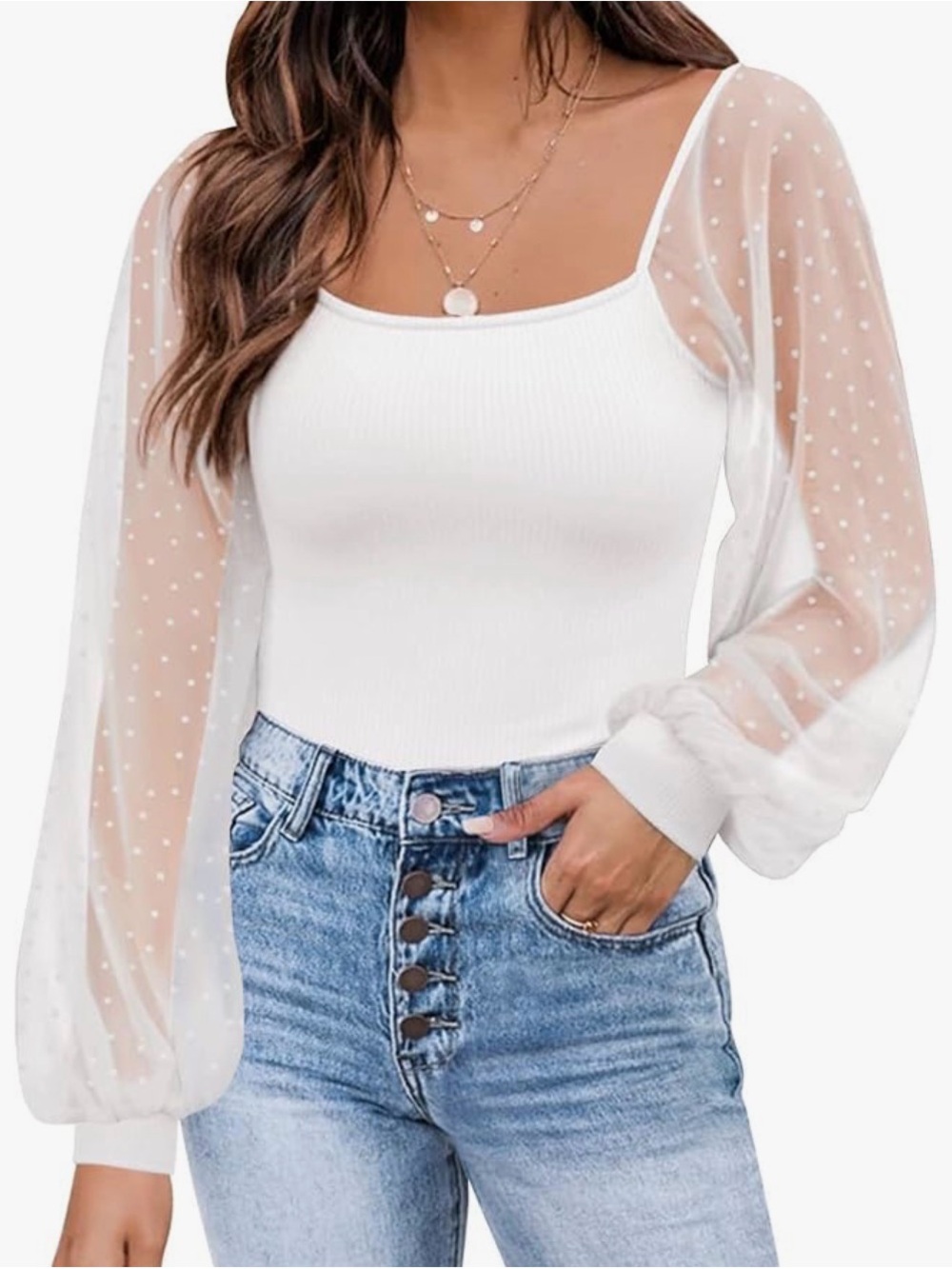Elegant White long sleeve Top with Sheer Dot Sleeves